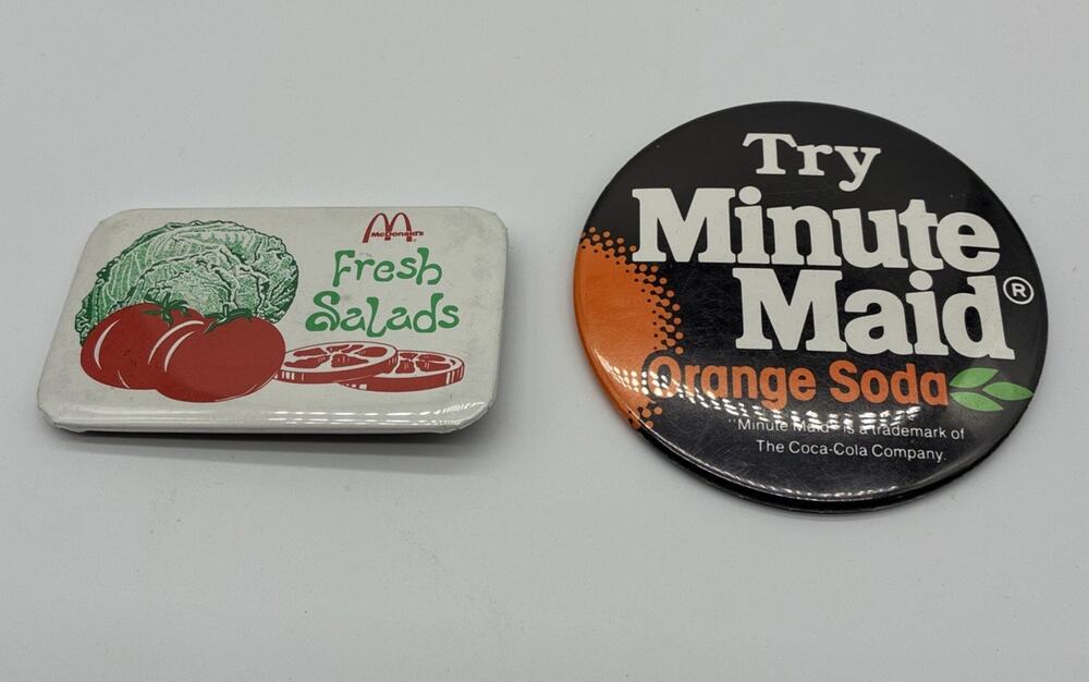 Vintage McDonald's Button Pin Fresh Salads & Minute Maid Uniform Flare